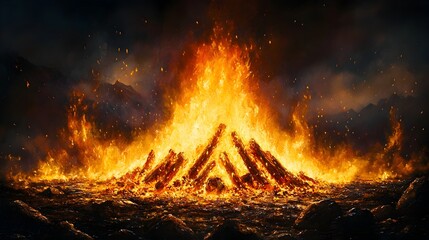 Aufkleber - Raging Fiery Blaze Consuming the Rugged Mountain Landscape in an Apocalyptic Inferno with Intense Flames,Glowing Embers,and Billowing Smoke Filling the Scene with Chaos and Destruction