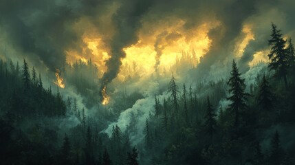 Smoke-filled skies over a dense forest reveal the toll of wildfires in a warming world. --ar 16:9 --v 6.1 Job ID: 95f9078a-7f28-4264-96cb-bd4f8e05d9e3