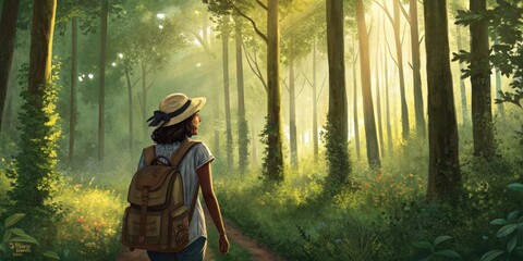 Wall Mural - young woman with a backpack walks through a sun drenched forest, enjoying the tranquility and beauty
