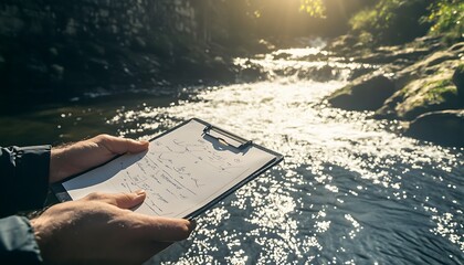 Leinwandbilder - A person holds a clipboard by a serene stream, capturing the natural beauty while sunlight glimmers on the water's surface.