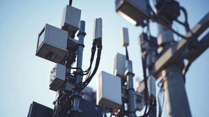 Wall Mural - A close-up view of telecommunications equipment, showcasing antennas and devices mounted on poles against a clear sky.