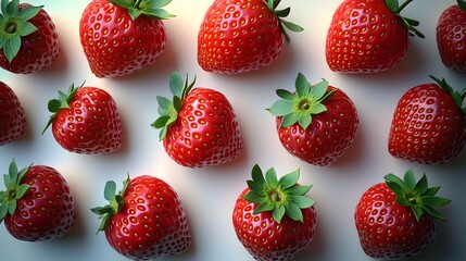 Poster - Vibrant and ripe strawberries arranged in neat rows against a clean,minimalist background,with their fresh green leaves adding a natural touch. This image showcases the delectable.