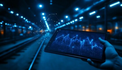 Aufkleber - A hand holds a tablet displaying data visualizations in a dimly lit train station, surrounded by blue lights, suggesting technology and motion.