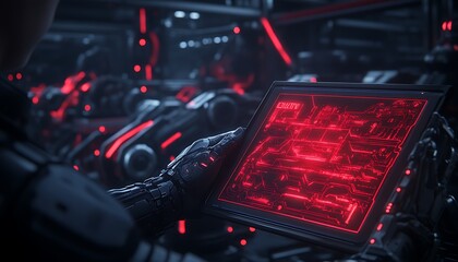Poster - A futuristic interface glows in red, showcasing complex data, while a robotic hand interacts with advanced technology in a high-tech environment.