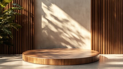 Wall Mural - Empty round wooden podium on concrete floor with tropical plant and sunlight shadow