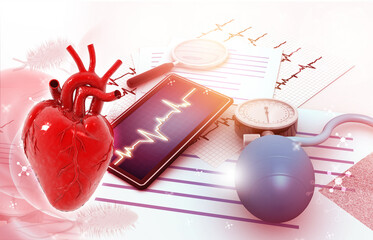 Wall Mural - Human heart anatomy with ecg graph, blood pressure monitor. 3d illustration.