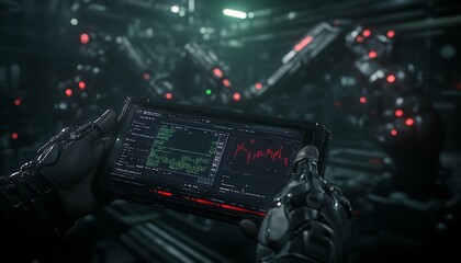Poster - A futuristic scene featuring a hand holding a device, displaying bright data, surrounded by complex machinery and glowing elements in a dark environment.