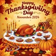 © OSMAN - a vibrant and cozy autumn-themed illustration of a joyful Thanksgiving Day celebration, set against a warm golden background, with a large, beautifully decorated table at its center, laden with a dele