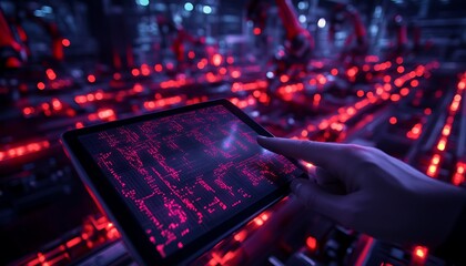 Aufkleber - A hand interacts with a digital tablet displaying vibrant red data against a dark, high-tech background, hinting at advanced technology and automation.