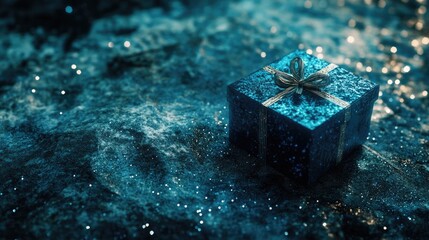 Wall Mural - Small blue gift box on snowy ground