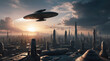 © Tiziano Cremonini - spaceship flying over a futuristic city, sunset in the sky with clouds, science fiction scenery