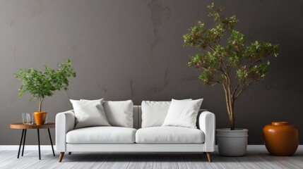 A white couch sits in front of a wall with a large tree and two potted plants