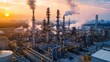 © RMTH - Aerial view of petrochemical plant with smoking chimneys at sunset.