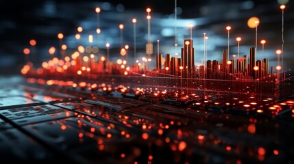 Wall Mural - a cityscape with many lights and a reflection of the city on a surface
