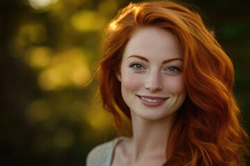 Wall Mural - A close-up shot of a woman with bright red hair, her expression serious and intense