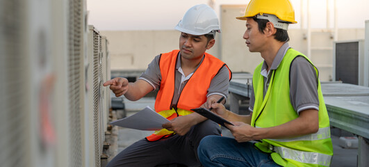 engineers use blueprint check air condition systems on site. contractor and inspector inspection com