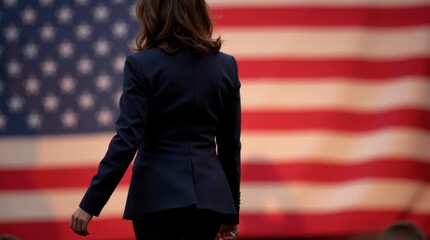 Wall Mural - Rear view of woman in a suit standing before an American flag backdrop. Patriotic theme