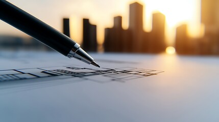 Fototapete - A close-up of a pen writing on paper with a sunset backdrop and city skyline, symbolizing creativity and professional inspiration.
