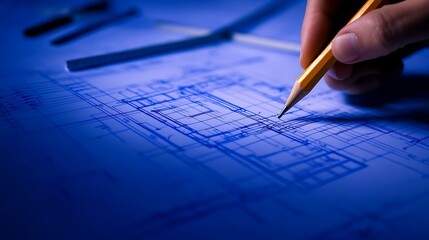 Poster - A close-up of a hand holding a pen, sketching architectural blueprints on blue paper, showcasing precision and design.