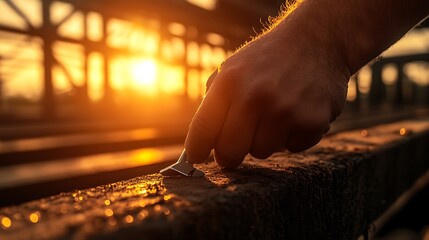 Aufkleber - A hand gently scrapes a wet surface against a backdrop of a glowing sunset, capturing a moment of reflection and craftsmanship.