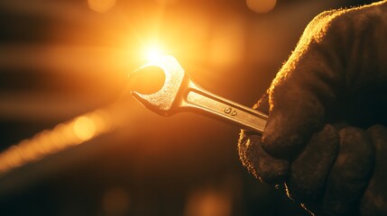 Poster - A close-up of a hand holding a wrench, illuminated by warm sunlight, symbolizing craftsmanship and manual labor.