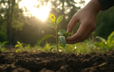 Poster - A hand gently nurturing a young plant in rich soil under a soft golden sunlight, symbolizing growth and care in nature.
