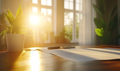Aufkleber - A serene workspace illuminated by sunlight, featuring a green plant, a pen, and blank paper on a wooden table, creating a tranquil atmosphere.