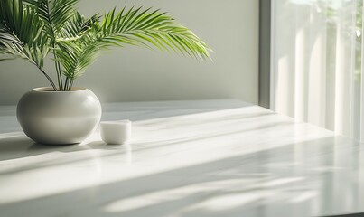 Aufkleber - A serene indoor scene featuring a green palm plant in a white pot, casting gentle shadows on a light marble surface illuminated by natural light.