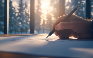 Aufkleber - A hand holding a pen sketches on paper, illuminated by soft sunlight streaming through a window, with a serene winter landscape in the background.