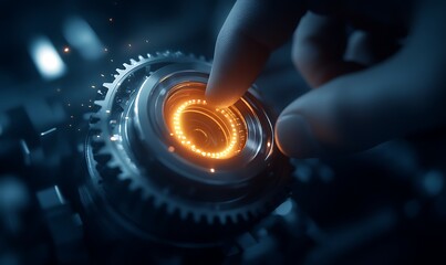 Aufkleber - A hand interacts with a glowing gear mechanism, showcasing a blend of technology and elegance in a dimly lit environment.