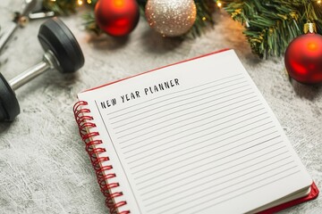 Wall Mural - a festive fitness planner lies open among holiday decorations, weights, and ornaments, symbolizing n