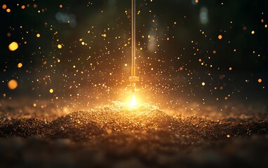 Leinwandbilder - A radiant burst of light emerges from the ground, surrounded by sparkling particles, creating a mesmerizing and magical atmosphere.