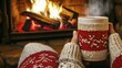 © quietmind_art - Cozy winter evening by the fireplace with hot chocolate in knitted mug.