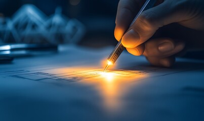Fototapete - A focused hand using a tool to create glowing patterns on a surface, illustrating precision and creativity in artistic design.