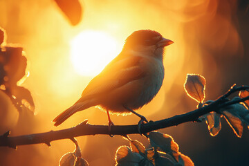 Wall Mural - A bird perched on a branch against a stunning sunset backdrop