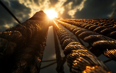 Poster - An upward view of thick ropes illuminated by shining sunlight, creating a dramatic effect against a cloudy sky.