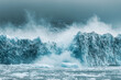 © pavlofox - Glacier calving into ocean with waves splashing at dawn