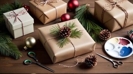 Christmas gift wrapped with twine, pine cones, and fir branches on a rustic table, accompanied by watercolor paints for a creative touch. 