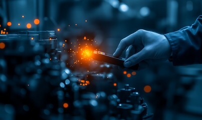 Poster - A glowing hand operates machinery, creating sparks in a dim environment, highlighting industrial craftsmanship and precision.