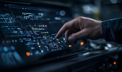 Fototapete - A hand interacts with a touchscreen control panel displaying complex data and graphics in a high-tech environment.