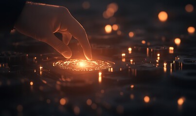 Aufkleber - A hand gently touches a glowing, circular pattern amidst scattered lights, creating a mystical atmosphere.