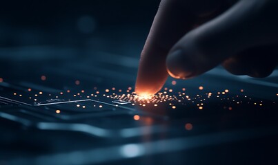 Poster - A finger touches a glowing circuit board, creating sparks of light in a dark, high-tech environment.