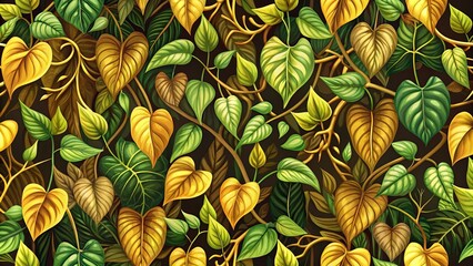 Wall Mural - A vibrant tapestry of verdant and golden foliage, intertwining branches and leaves create a captivating natural pattern.