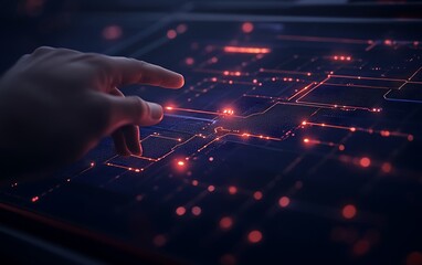 Aufkleber - A hand gestures towards a glowing digital interface filled with bright red nodes and circuits, symbolizing technology and innovation in a futuristic setting.