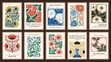 Modern flowers posters. Abstract floral cover templates collection, trendy botanical elements, plants contemporary compositions, Matisse art, flower market, wallpaper or print, tidy vector set