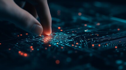 Poster - Close-up of a hand interacting with a glowing circuit board, showcasing technology and digital connectivity.