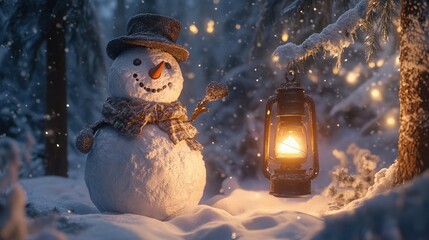 Wall Mural - A friendly snowman stands in a snowy forest, a glowing lantern hanging nearby, creating a warm and inviting winter scene.