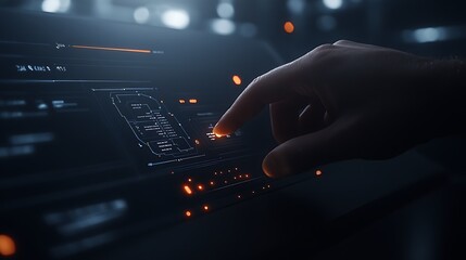 Leinwandbilder - A futuristic hand interacts with a digital interface, causing glowing particles to radiate, symbolizing technology and innovation.