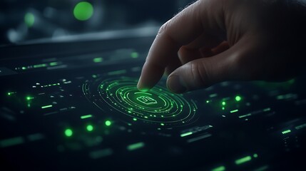 Aufkleber - A hand hovers over a futuristic interface displaying glowing green patterns, suggesting technology, interaction, and digital exploration.