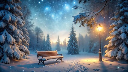 Canvas Print - A Lonely Bench Under a Starry Winter Sky, Illuminated by a Streetlamp in a Snowy Forest